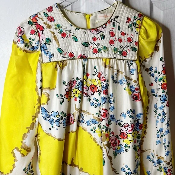 TORY BURCH Silk Quilted Yoke Yellow Floral Silk Midi Dress Size 4 - Picture 7 of 16